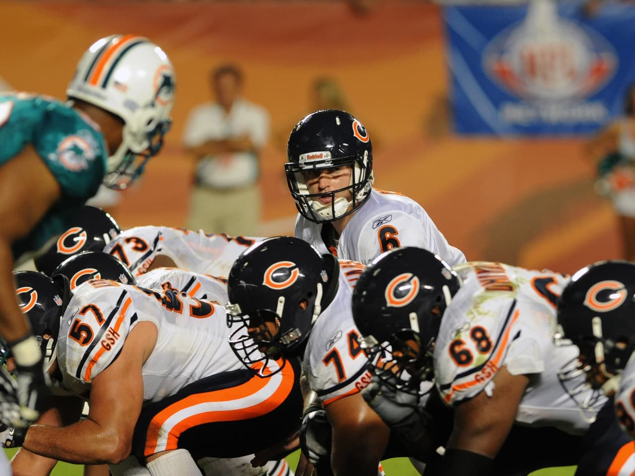 Quarterback Jay Cutler (6) of the Chicago Bears directs play against the Miami Dolphins Nov. 18, 2010 at Sun Life Stadium in Miami, Florida. (Al Messerschmidt via AP)