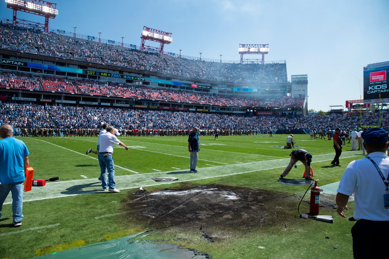 NASHVILLE, TN - SEPTEMBER 15: Detail view of charred section of sideline following a failed pyrotechnic device that burst into flames before the game between the Tennessee Titans and the Indianapolis Colts at Nissan Stadium on September 15, 2019 in Nashville, Tennessee. (Photo by Brett Carlsen/Getty Images)
