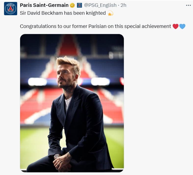 El PSG, club en el que se retiró el inglés en 2013, también le dedicó un mensaje: "Sir David Beckham ha sido nombrado caballero ¡Felicitaciones a nuestro exparisino por este logro tan especial!".