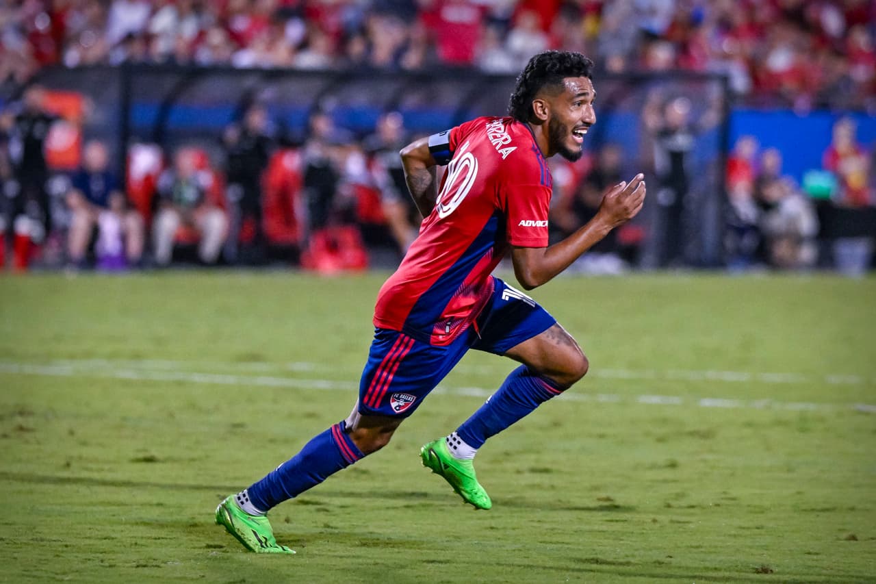 Sep 10, 2022; Frisco, Texas, USA; FC Dallas forward Jesus Ferreira (10) celebrates a goal scored during the game between FC Dallas and Los Angeles FC at Toyota Stadium. Mandatory Credit: Jerome Miron-USA TODAY Sports