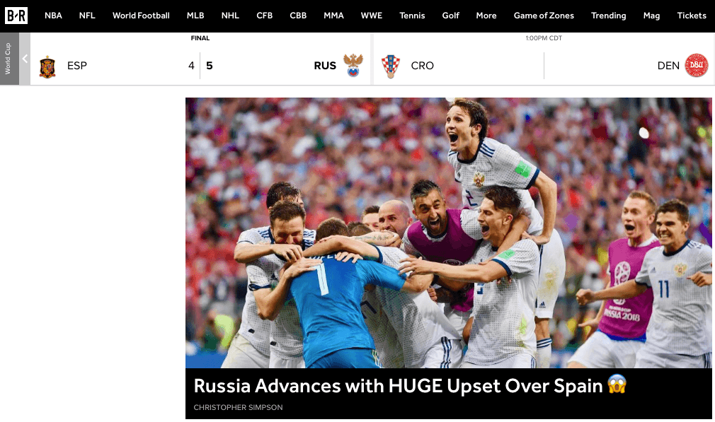 La página deportiva Bleacher Report: "Rusia avanza con gran sorpresa sobre España".