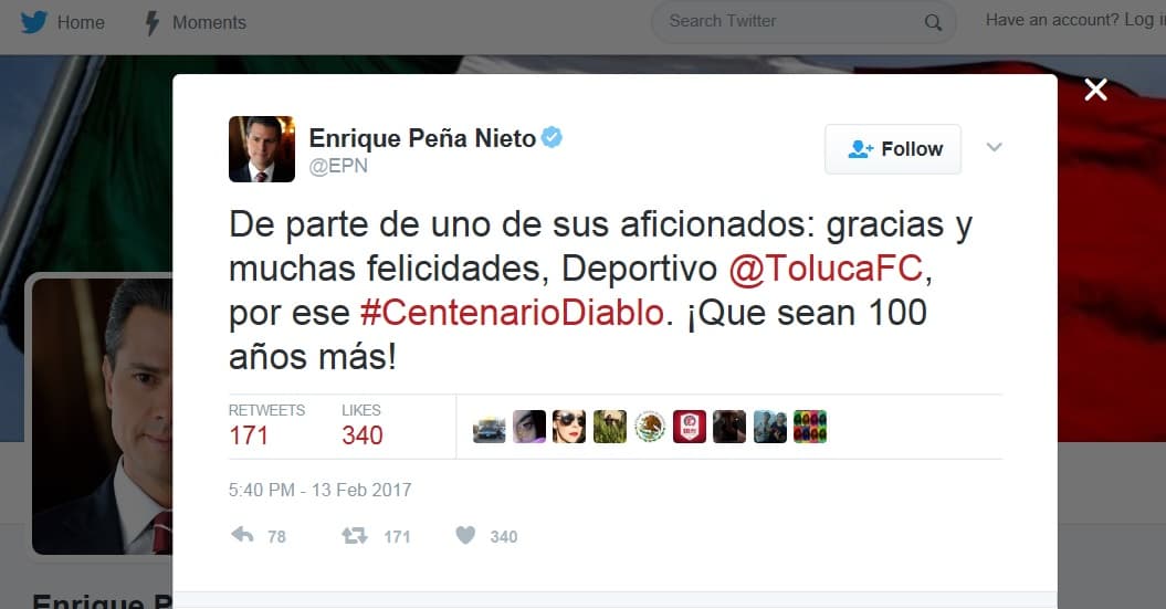 El encargado del poder ejecutivo federal en México le va al Toluca.
