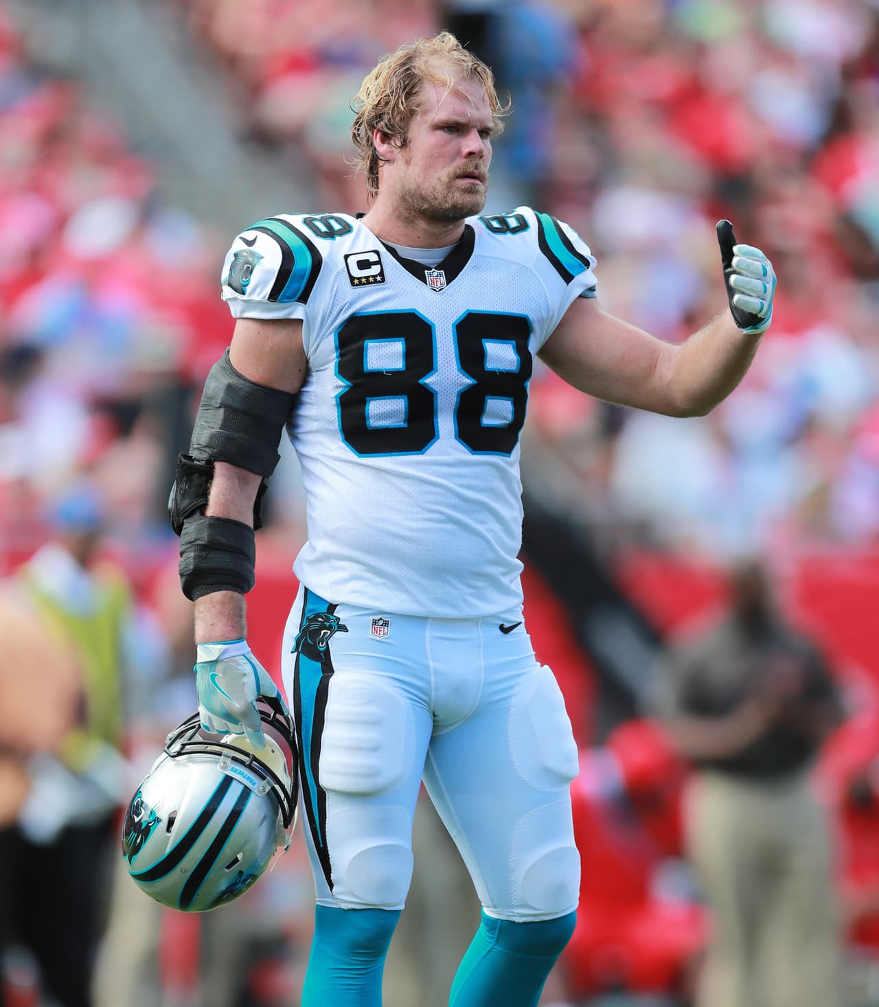 Carolina Panthers tight end Greg Olsen (88) looks toward his bench during a time out against the Tampa Bay Buccaneers during an NFL football game Sunday, Jan. 1, 2017, in Tampa, Fla. (Jeff Haynes/AP Images for Panini)