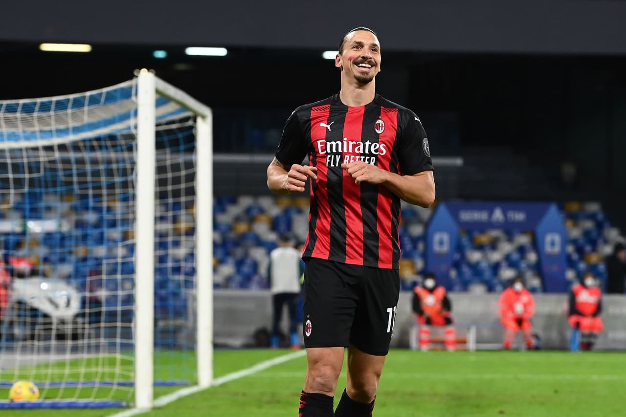 AC Milan's Swedish forward Zlatan Ibrahimovic reacts after he scored an offside goal during the Italian serie A football match Napoli vs AC Milan on November 22, 2020 at the San Paolo stadium in Naples. (Photo by ANDREAS SOLARO / AFP) (Photo by ANDREAS SOLARO/AFP via Getty Images)