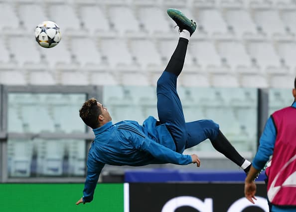 TURIN, ITALY - APRIL 02: Cristiano Ronaldo of Real Madrid in action during a training session at Juventus Stadium on April 2, 2018 in Turin, Italy. (Photo by Angel Martinez/Real Madrid via Getty Images)