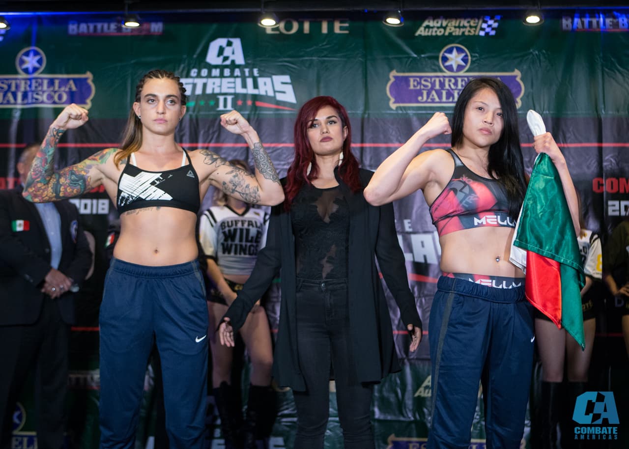 Las luchadoras Melissa Martínez e Ivanna Martinenghi pasaron la báscula en el Gimnasio de Nuevo León en donde se enfrentarán este viernes en el Combate Americas II de este 2018. Además, también pelearán Irene Cabello y Lezly Hinojosa Compean.