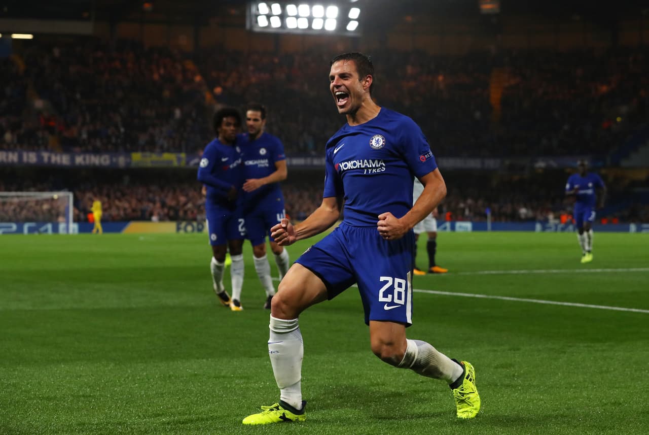 LONDON, ENGLAND - SEPTEMBER 12: Cesar Azpilicueta of Chelsea celebrates scoring his sides third goal during the UEFA Champions League Group C match between Chelsea FC and Qarabag FK at Stamford Bridge on September 12, 2017 in London, United Kingdom. (Photo by Richard Heathcote/Getty Images)