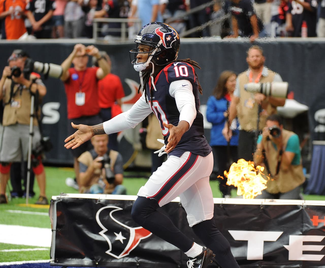 Houston Texans wide receiver DeAndre Hopkins (10) is introduced before an NFL football game Sunday, Sept. 18, 2016, in Houston. (AP Photo/George Bridges)
