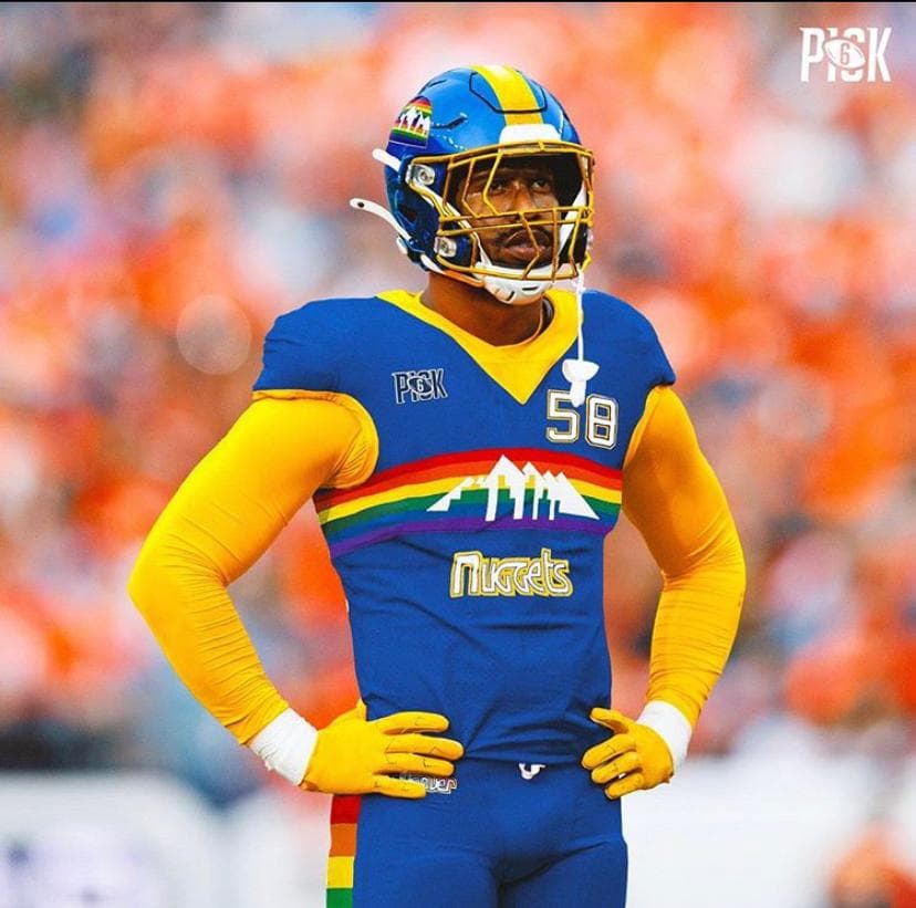 <b>Von Miller</b>
<br> El defensivo de los Denver Broncos deslumbraría con su vestimenta 'throwback' al estilo de los Denver Nuggets