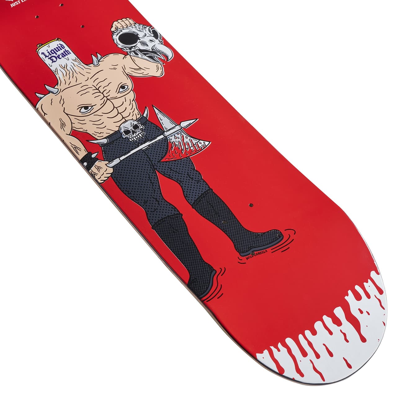 Este diseño sostiene una calavera de halcón y un hacha ensangrentada con sangre goteando a lo largo de la cola de la plataforma.