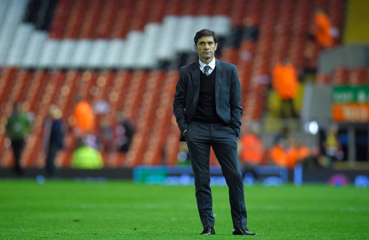 Villarreal's coach Marcelino Garcia Toral is pictured at the final whistle after a 0-3 defeat during the UEFA Europa League semi-final second leg football match between Liverpool and Villarreal CF at Anfield in Liverpool, northwest England on May 5, 2016. / AFP / LLUIS GENE (Photo credit should read LLUIS GENE/AFP/Getty Images)