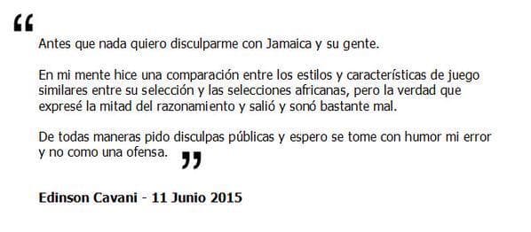 Este fue el mensaje que Cavani publicó para disculparse con Jamaica