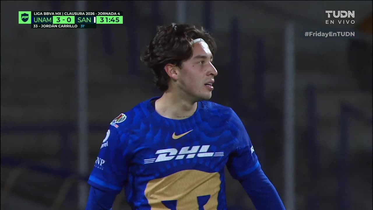 ¡Es goleada de los Pumas! Jordan Carrillo hace doblete y marca el 3-0 a Santos