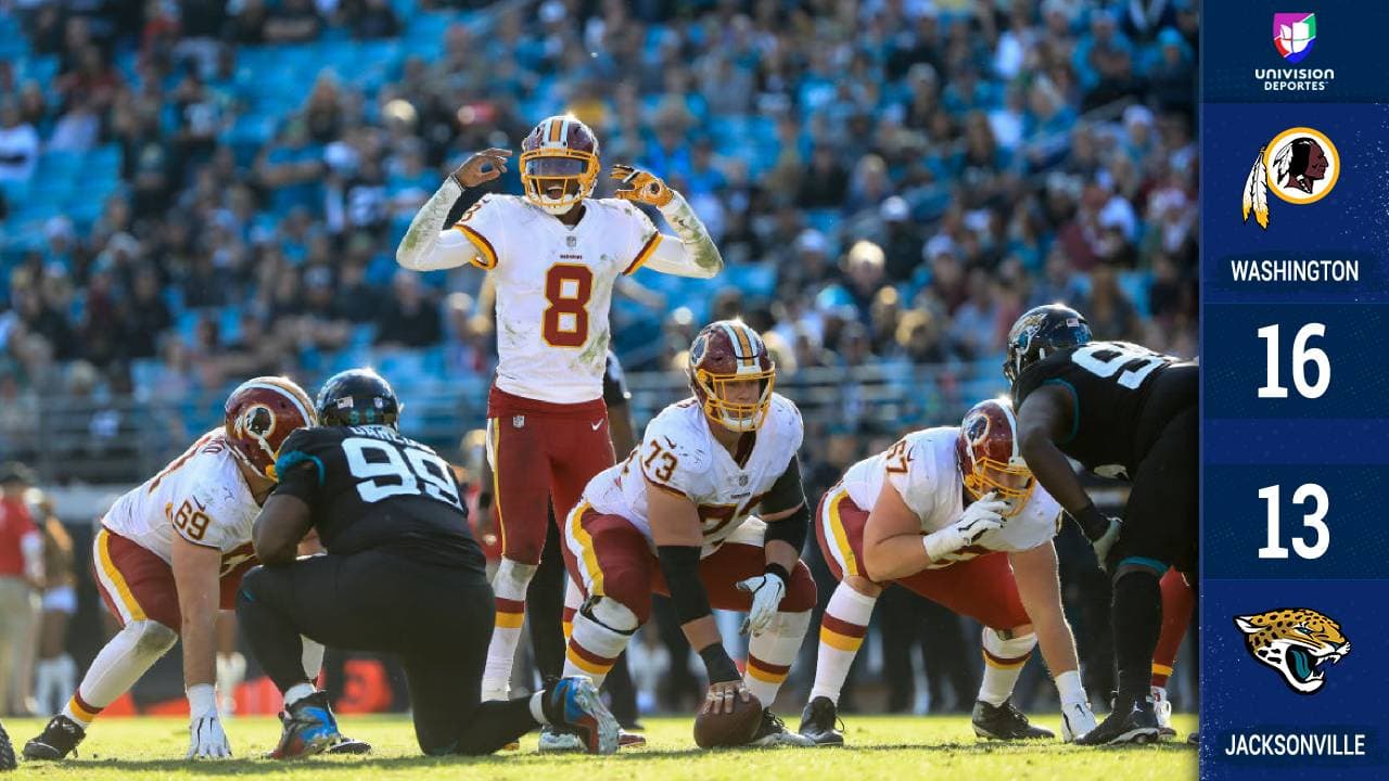 <b>Washington 16-13 Jacksonville</b>. Un gol de campo de Dustin Hopkins expirando el reloj y una salida de Josh Johnson tras 8 años de no hacerlo, dan el triunfo a los Redskins (7-7) sobre los Jags (4-10).
