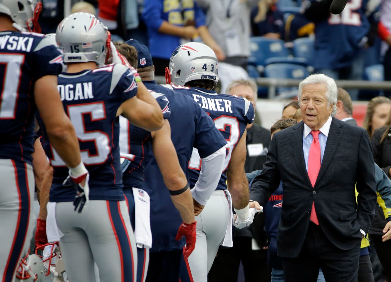 New England Patriots team owner Robert Kraft shakes hands with players before an NFL football game against the Buffalo Bills, Sunday, Oct. 2, 2016, in Foxborough, Mass. (AP Photo/Elise Amendola)