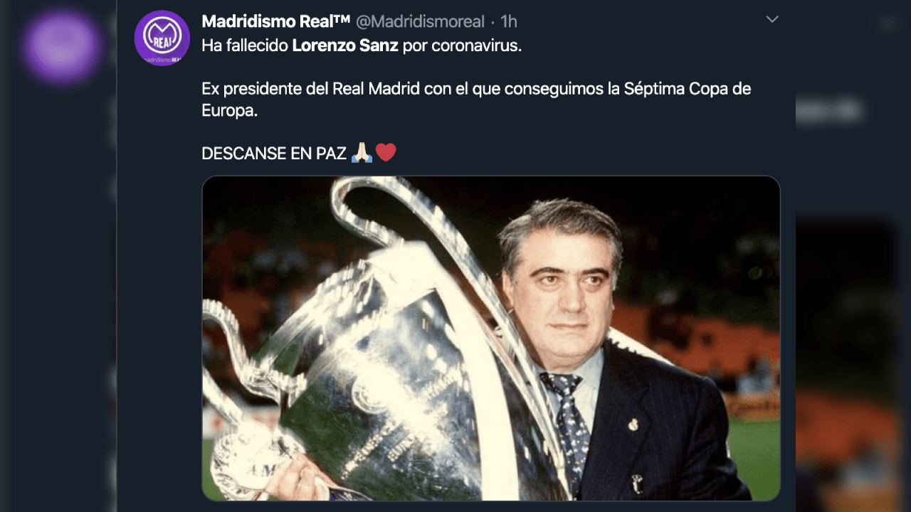 El madridismo reacciona y otorga sus condolencias a Lorenzo Sanz, quien falleció con 76 años a causa del coronavirus.