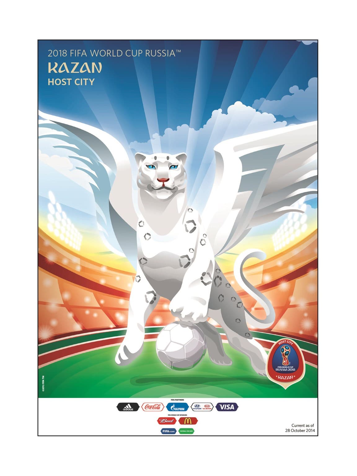 El póster oficial de la ciudad sede de Kazan tiene al animal simbólico de la República de Tartaristán: el leopardo de las nieves.