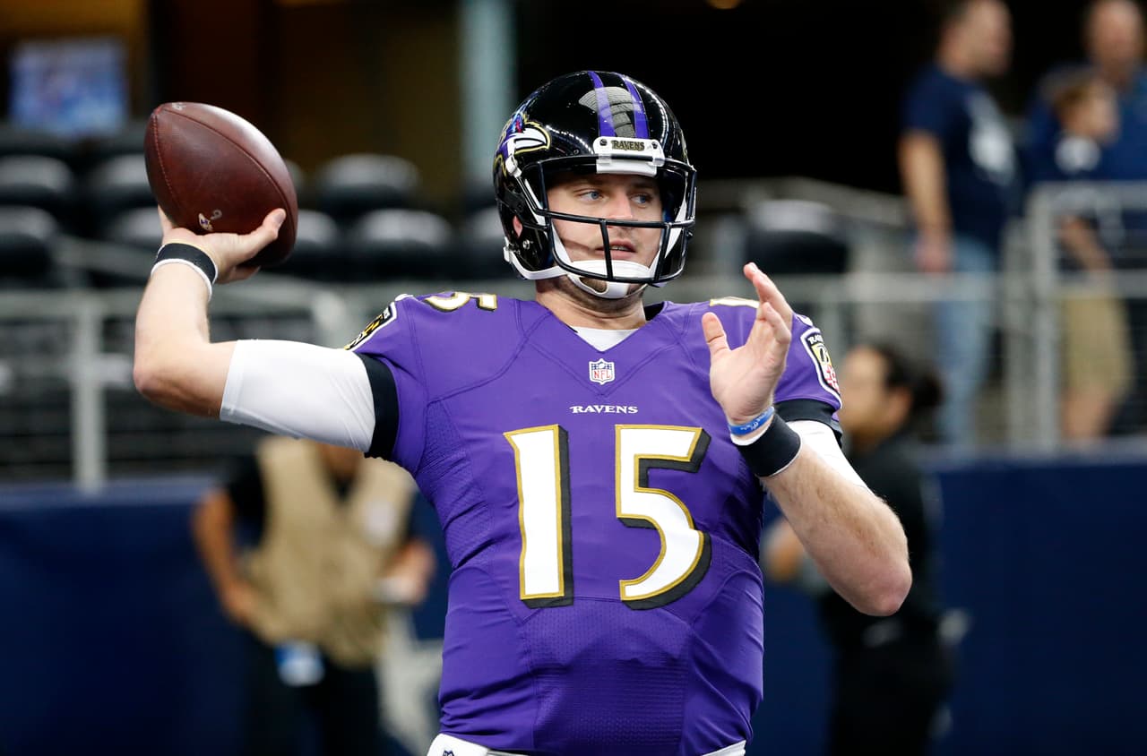 Baltimore Ravens quarterback Ryan Mallett (15) throws a pass during warm ups before an NFL Football game against the Dallas Cowboys on Sunday, Nov. 20, 2016, in Arlington, Texas. (AP Photo/Ron Jenkins)