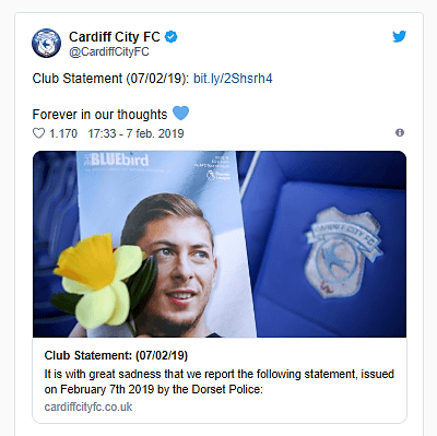 Esta fue la publicacación que emitió el que se supone iba a ser su siguiente club, el Cardiff City de la Premier League. "Por siempre en nuestros pensamientos", dice el post.