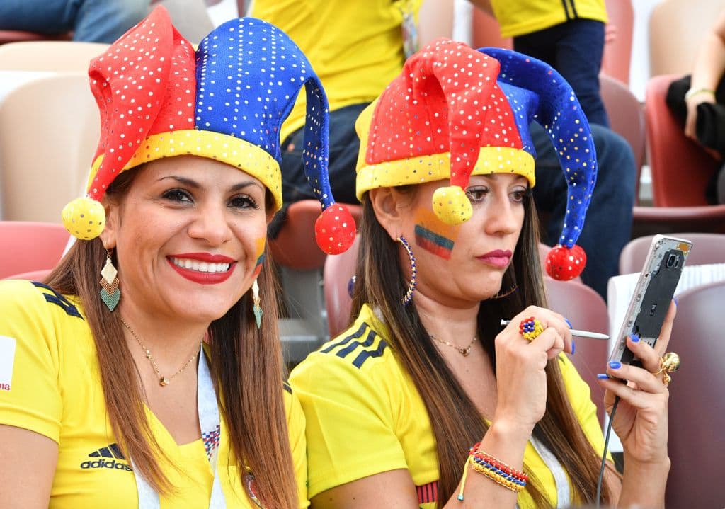 Colombia supporters attend the Russia 2018 World Cup Group A football match between Russia and Saudi Arabia at the Luzhniki Stadium in Moscow on June 14, 2018. (Photo by Mladen ANTONOV / AFP) / RESTRICTED TO EDITORIAL USE - NO MOBILE PUSH ALERTS/DOWNLOADS (Photo credit should read MLADEN ANTONOV/AFP/Getty Images)