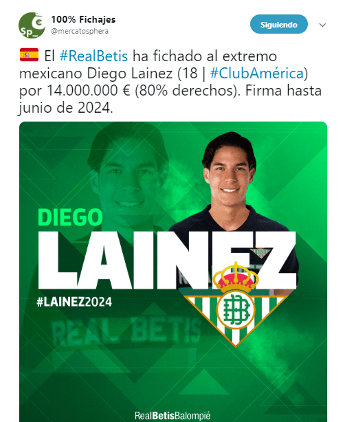 La cuenta de Twitter por excelencia que reporta los traspasos de jugadores en tiempo real, 100% Fichajes también reaccionó a la llegada de Lainez al Betis.