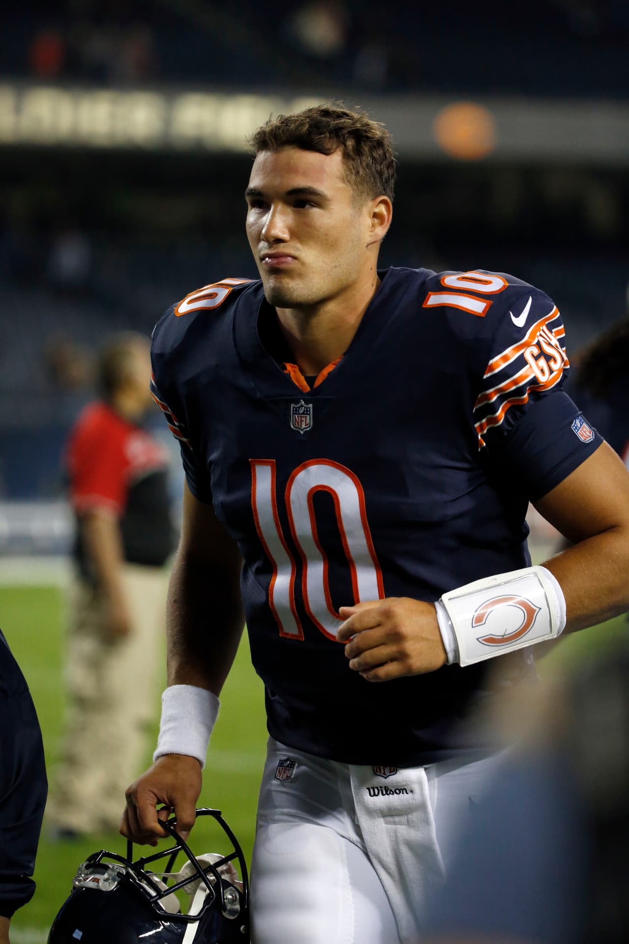Chicago Bears quarterback Mitchell Trubisky (10) after an NFL preseason football game against the Cleveland Browns, Thursday, Aug. 31, 2017, in Chicago. (AP Photo/Nam Y. Huh)