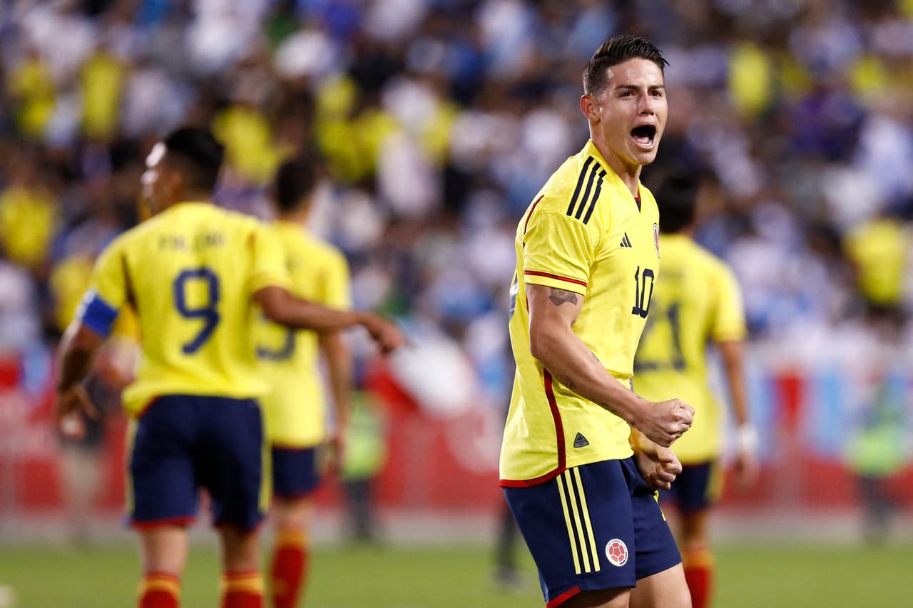 Colombias James Rodriguez celebrates his goal during the international friendly football match between Colombia and Guatemala at Red Bull Arena in Harrison, New Jersey, on September 24, 2022. (Photo by Andres Kudacki / AFP) (Photo by ANDRES KUDACKI/AFP via Getty Images)