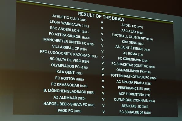 NYON, SWITZERLAND - DECEMBER 12: A view of the results table following the UEFA Europa League 2016/17 Round of 32 Draw at the UEFA headquarters, The House of European Football on December 12, 2016 in Nyon, Switzerland. (Photo by Harold Cunningham - UEFA/UEFA via Getty Images)