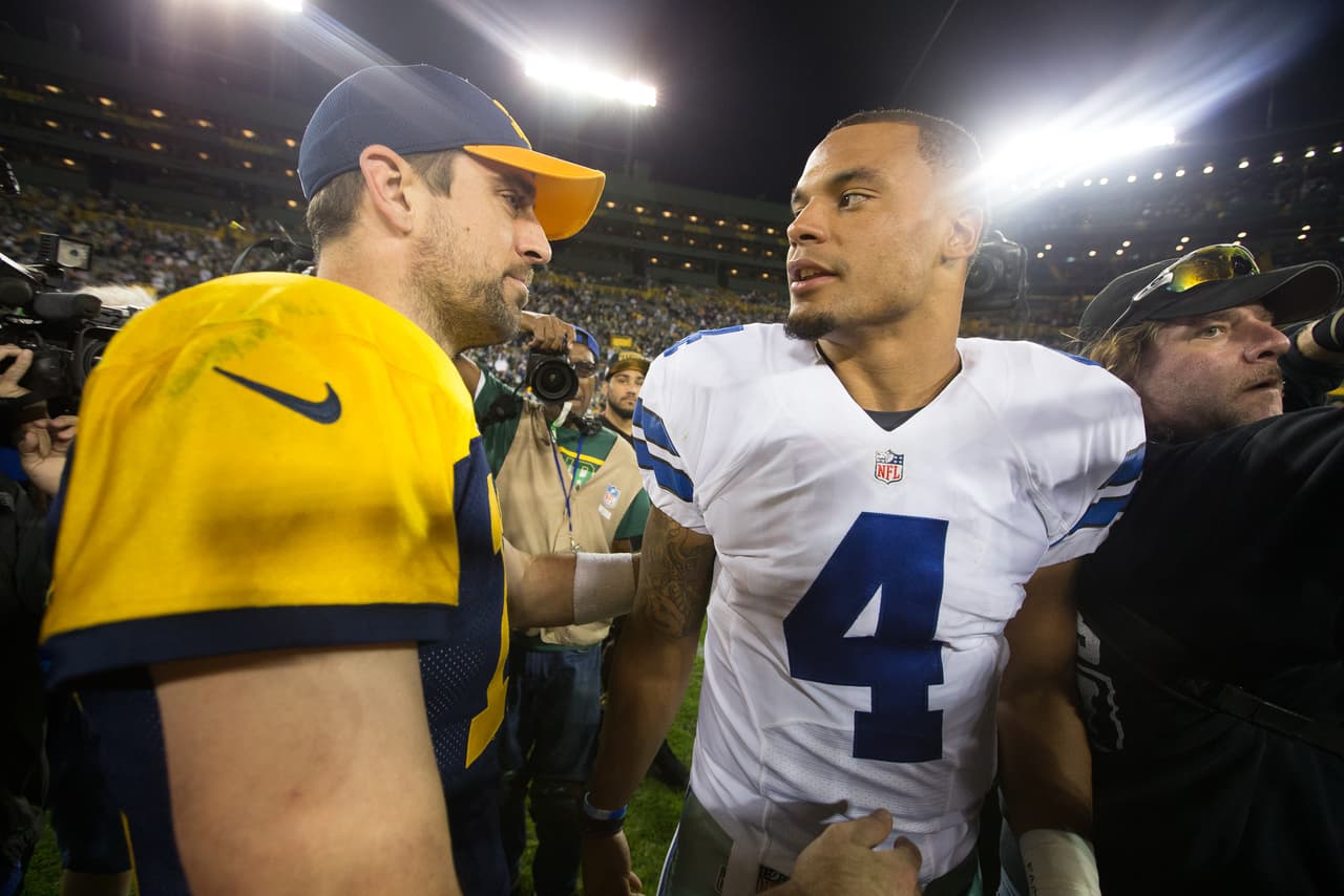 Green Bay Packers quarterback Aaron Rodgers (12) and Dallas Cowboys quarterback Dak Prescott (4) shake hands after an NFL football game at Lambeau Field, Sunday, Oct. 16, 2016 in Green Bay, Wis. The Cowboys defeated the Packers 30-16. (Perry Knotts via AP)