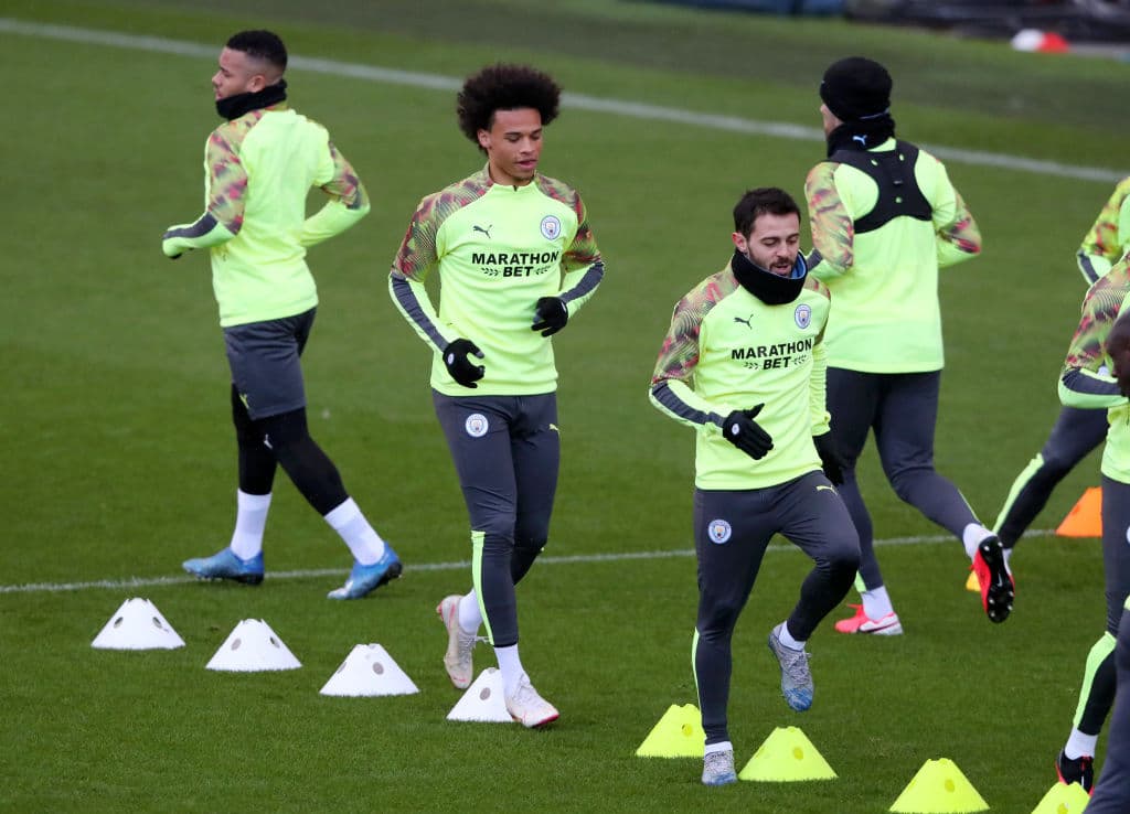 Leroy Sane y Bernardo Silva entrenando
