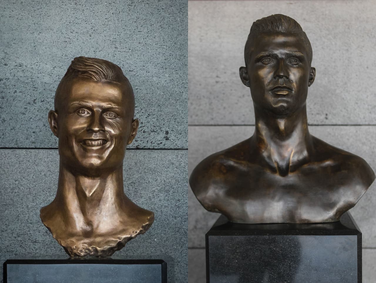 HG. Funchal (Portugal), 17/06/2018.- (FILE) - Combo file picture shows the old (L) and the new (R) Cristiano Ronaldo bust displayed at Cristiano Ronaldo Airport in Santa Cruz, Madeira iIland, Portugal, 17 June 2018. The new bust of the Portuguese footballer, Cristiano Ronaldo, replaces a controversial one that has been placed at the Cristiano Ronaldo airport in 27th March 2017. EFE/EPA/HOMEM DE GOUVEIA