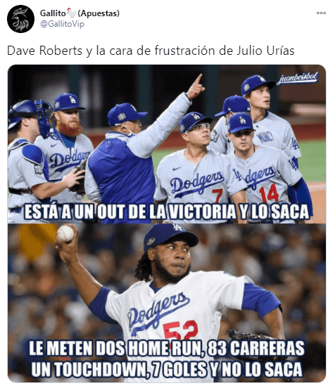 Tras la decisión del Manager de los Dodgers, Dave Roberts, de sacar al mexicano Julio Urias iniciando la quinta entrada, las redes sociales se incendiarion y reaccionaron de esta forma.