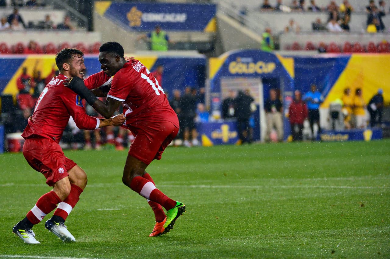 Action photo during the French Guyana vs Canada Match, A-Group of the 2017 CONCACAF Gold Cup, at the Red Bull Arena in New Jersey, Harrison, New Jersey. Foto de accion durante el partido Guyana Francesa vs Canada, COrrespondiente al Grupo -A- de la Copa Oro de la CONCACAF 2017, en el Estadio Red Bull Arena de Nueva Jersey, Harrison, New Jersey, en al foto: Alphonso Davies celebra su gol de Canada con Russell Teibert 07/07/2017/MEXSPORT/Howard Smith.