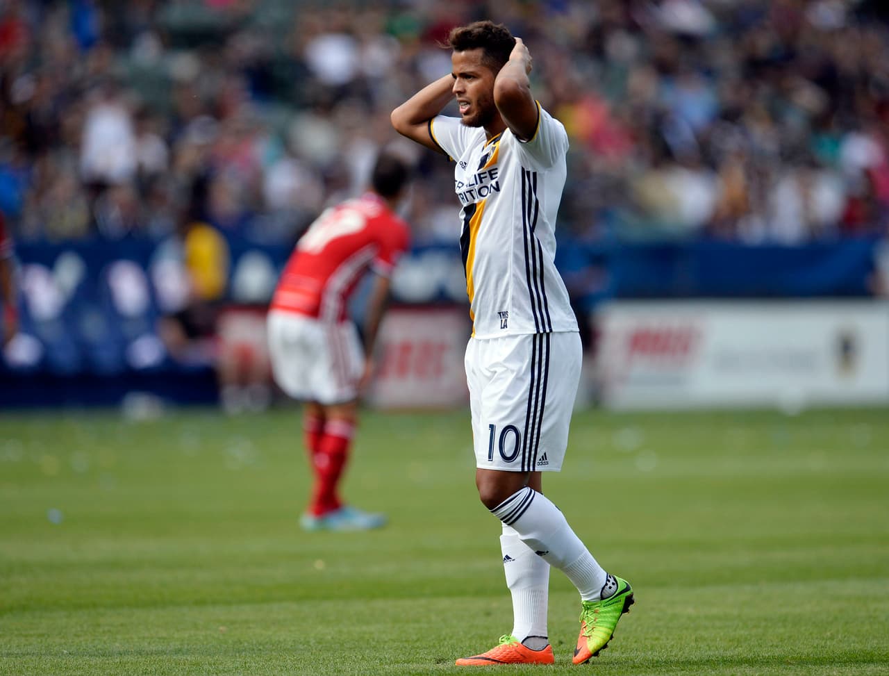 March 4, 2017; Carson, CA, USA; Los Angeles Galaxy forward Giovani dos Santos (10) reacts to a missed scoring chance against FC Dallas during the second half of the home opener at StubHub Center. Mandatory Credit: Gary A. Vasquez-USA TODAY Sports