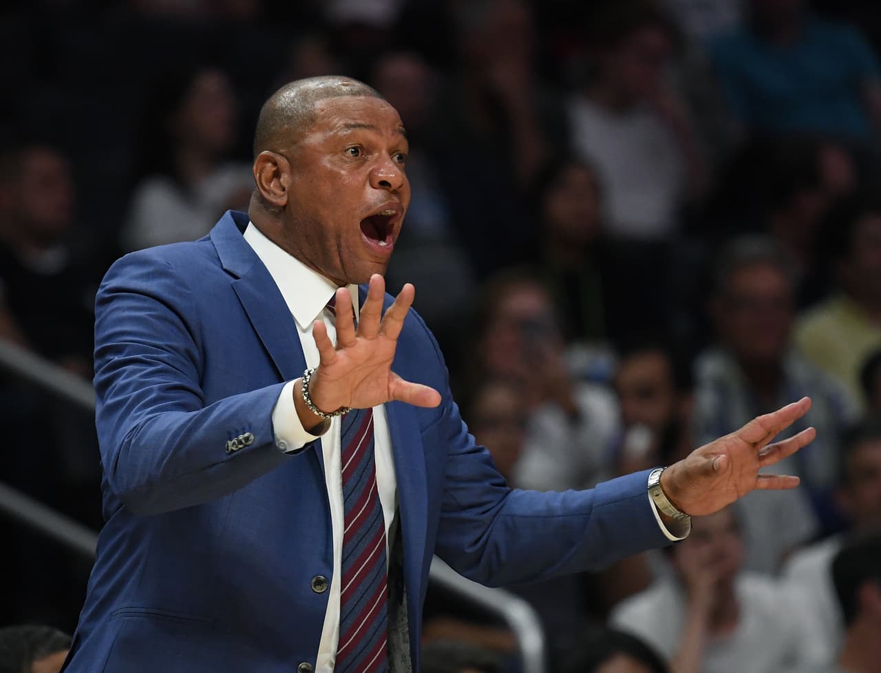 LOS ANGELES, CALIFORNIA - OCTOBER 10: Head Coach Doc Rivers of the LA Clippers reacts during a 111-91 Denver Nuggets preseason win at Staples Center on October 10, 2019 in Los Angeles, California. (Photo by Harry How/Getty Images)