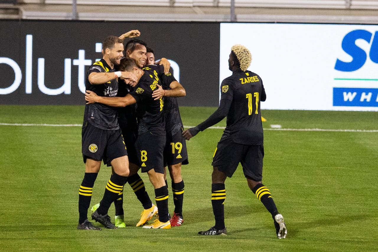 Sep 23, 2020; Columbus, Ohio, USA; Columbus Crew SC midfielder Lucas Zelarayan (10) is congratulated after his first half goal against Minnesota United at MAPFRE Stadium. Mandatory Credit: Greg Bartram-USA TODAY Sports