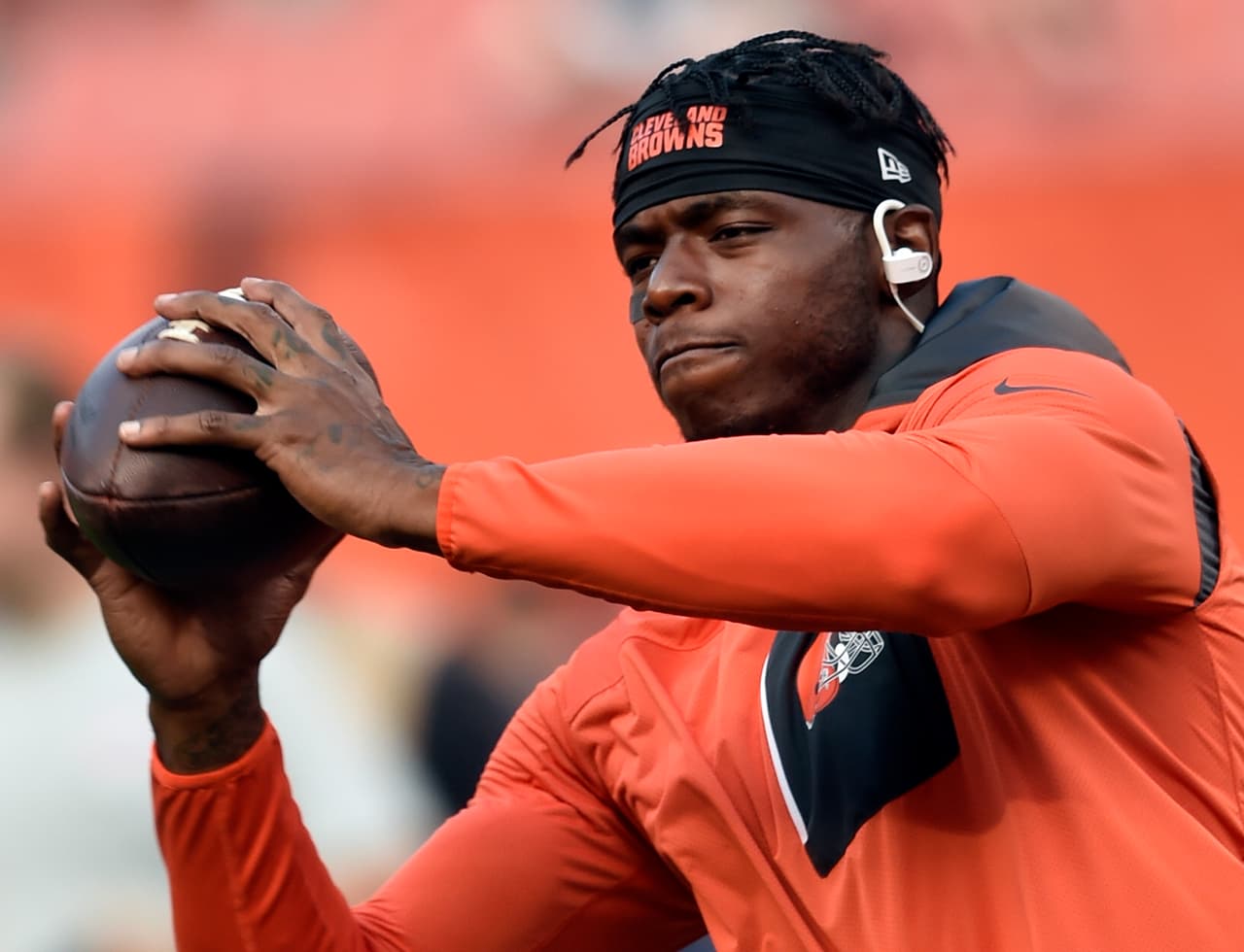FILE - In this Sept. 1, 2016, file photo, Cleveland Browns wide receiver Josh Gordon warms up before an NFL preseason football game against the Chicago Bears in Cleveland. On the cusp of his return from NFL suspension, Browns wide receiver Josh Gordon says he used drugs or alcohol before every game of his career, Monday, Nov. 6, 2017. Gordon, who was reinstated on a conditional basis last week by Commissioner Roger Goodell, tells GQ magazine he drank or smoked marijuana before games. He added “a bunch of guys smoke weed before the game.” (AP Photo/David Richard, File)