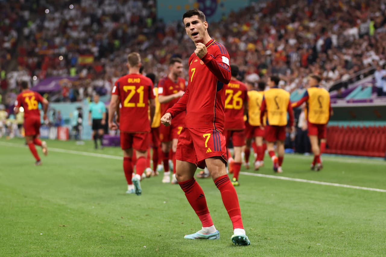 AL KHOR, QATAR - NOVEMBER 27: Alvaro Morata of Spain celebrates their team's first goal during the FIFA World Cup Qatar 2022 Group E match between Spain and Germany at Al Bayt Stadium on November 27, 2022 in Al Khor, Qatar. (Photo by Catherine Ivill/Getty Images)