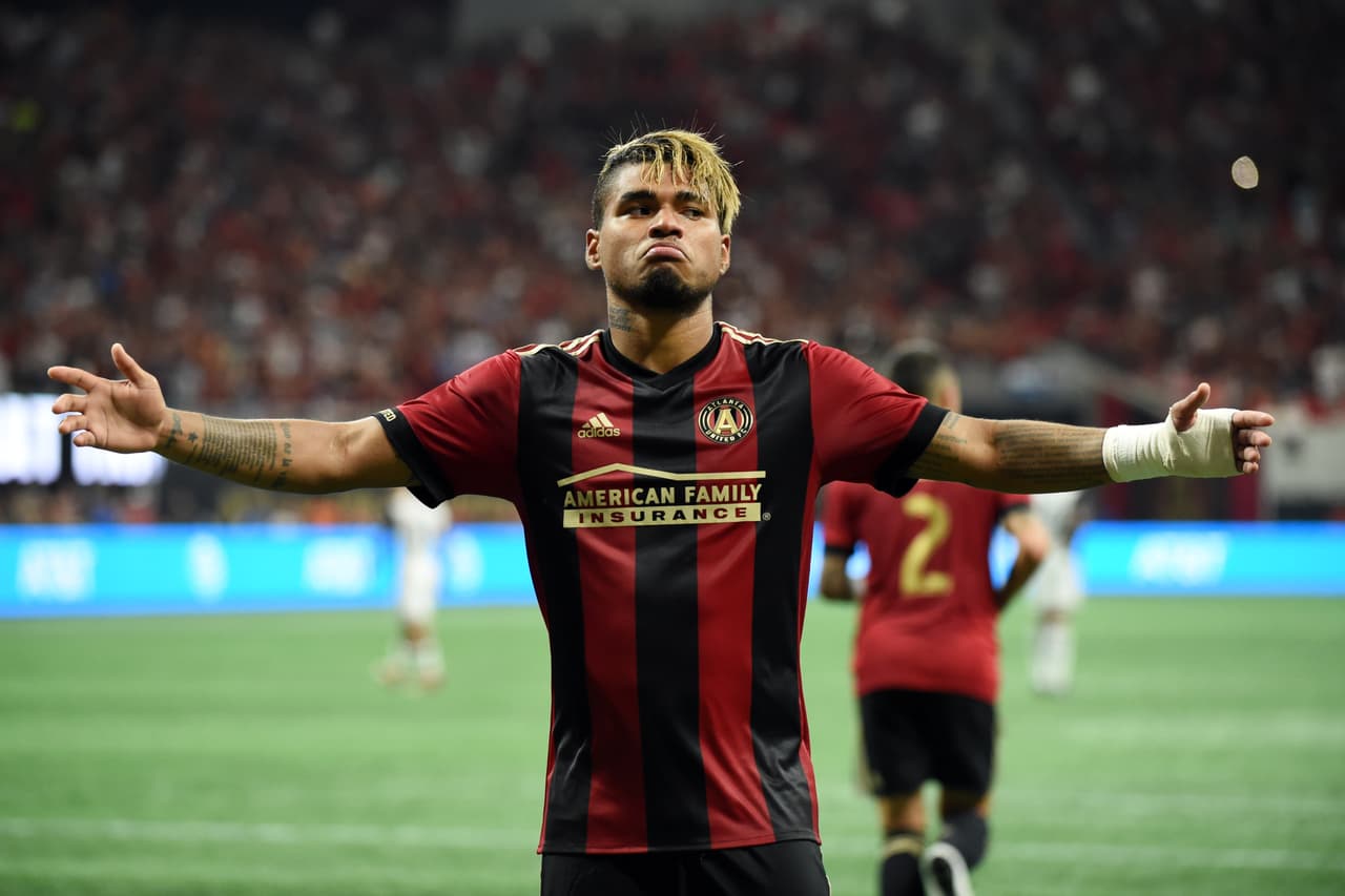 Jun 2, 2018; Atlanta, GA, USA; Atlanta United forward Josef Martinez (7) celebrates after scoring a hat trick on a penalty kick against the Philadelphia Union during the second half at Mercedes-Benz Stadium. Mandatory Credit: Adam Hagy-USA TODAY Sports