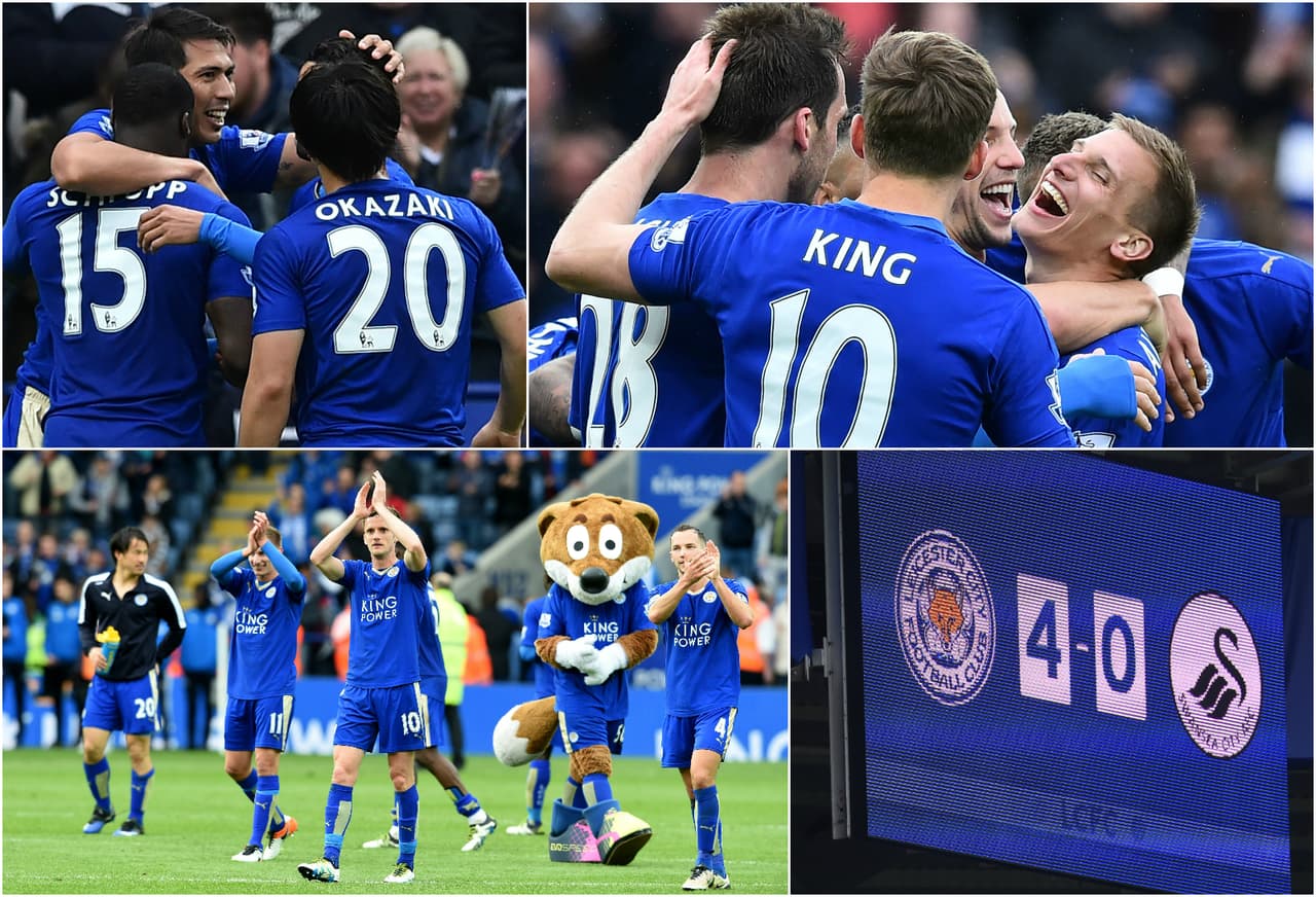 En la jornada 35 se vivió una auténtica fiesta en el estadio King Power pues los ‘Foxes’ aplastaron 4-0 al Swansea con goles de Riyad Mahrez, del argentino Leonardo Ulloa por partida doble y de Marc Albrighton y solo necesitaban de otra victoria para amarrar el primer campeonato de su historia.