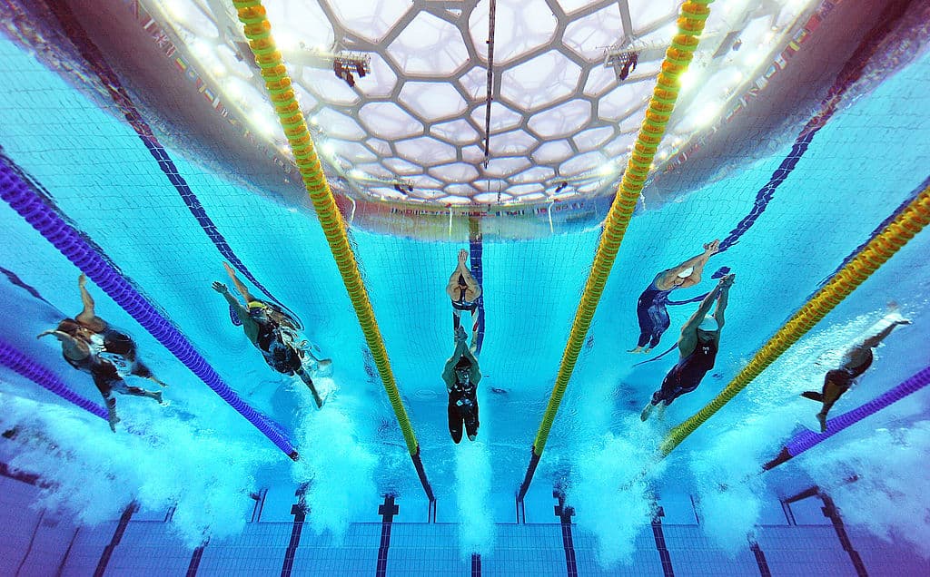 Eamon Sullivan, Michael Phelps y Amaury Leveaux en Beijing 2008.