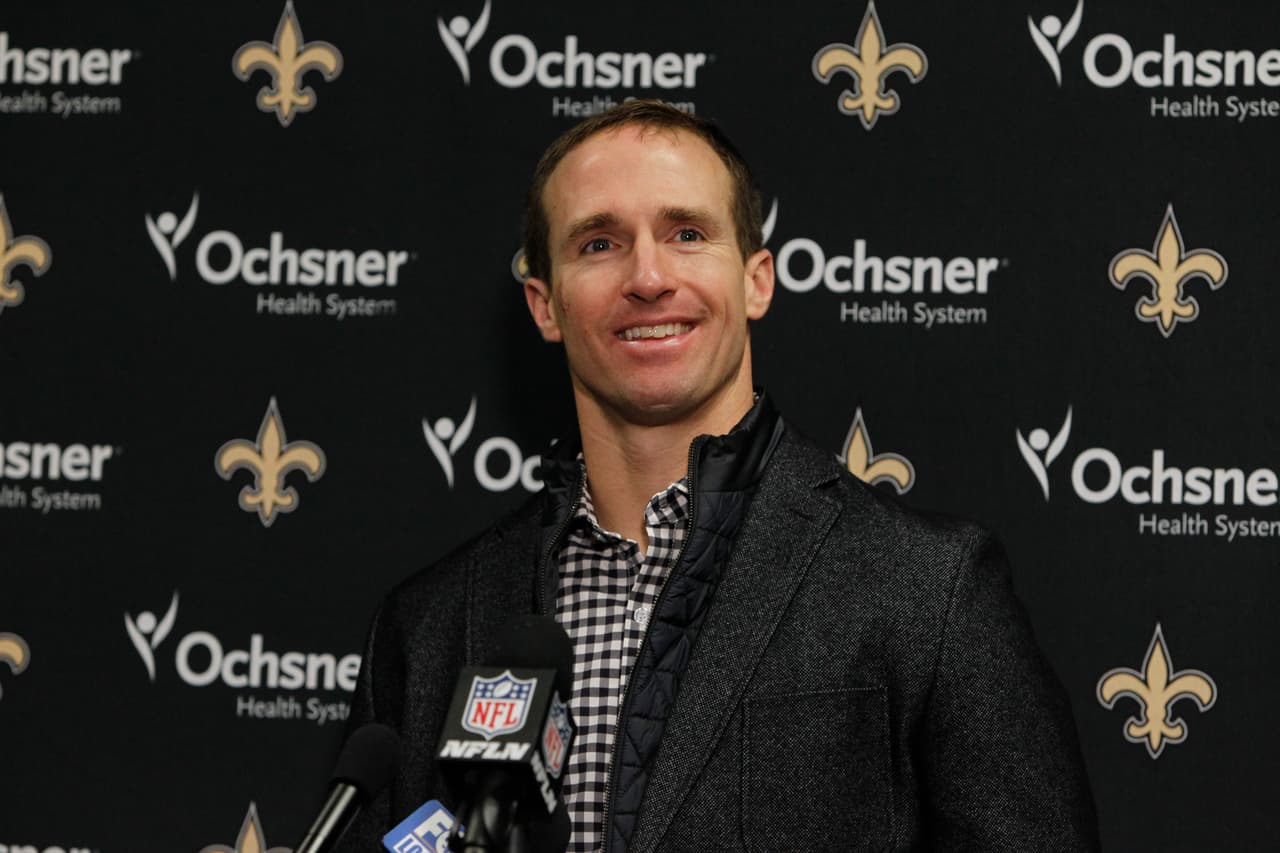 New Orleans Saints quarterback Drew Brees responds to questions during a news conference after an NFL football game against the Buffalo Bills Sunday, Nov. 12, 2017, in Orchard Park, N.Y. The Saints won 47-10.(AP Photo/Jeffrey T. Barnes)