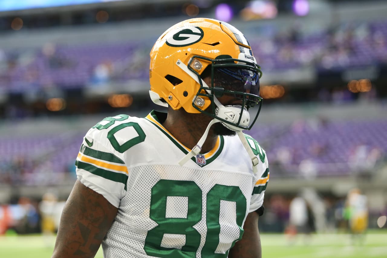 Green Bay Packers tight end Martellus Bennett (80) looks on prior to an NFL football game against the Minnesota Vikings on Sunday, Oct. 15, 2017, in Minneapolis. (NFL Photos via AP)
