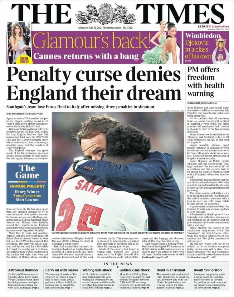 La prensa italiana celebra el campeonato en todos sus ejemplares, dedicándoles la portada a la 'Scuadra Azzurra', mientras que la prensa británica muestra, en la mayoría de sus periódicos muestra al entrenador Gareth Southgate abrazando a Bukayo Saka tras fallar el último penal que le dio la victoria a Italia.