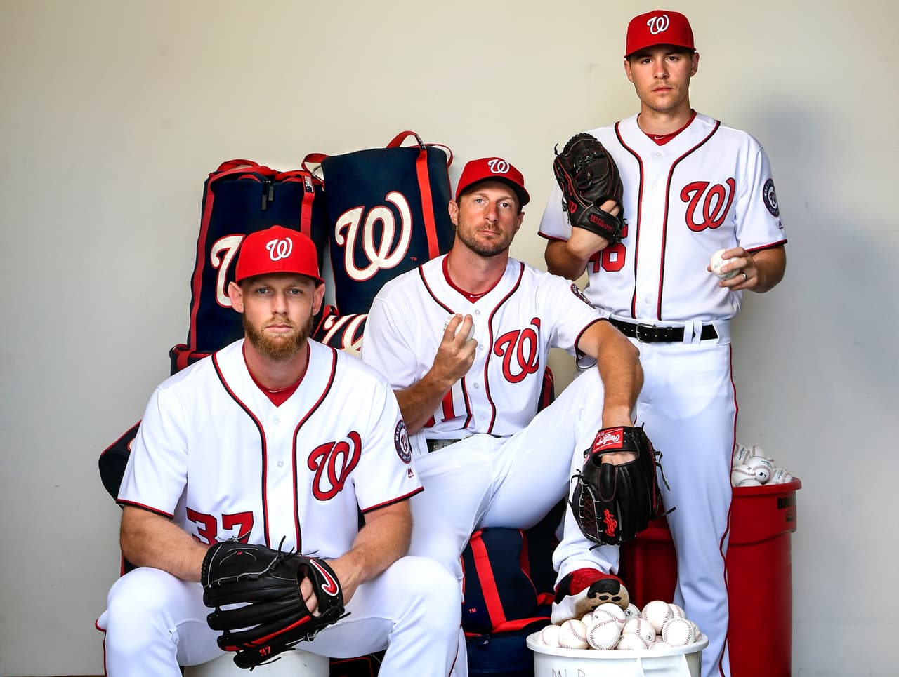 WEST PALM BEACH, FL - FEBRUARY 22: From left, Washington Nationals starting pitchers Stephen Strasburg (37), Max Scherzer (31), and Patrick Corbin (46) pose for a portrait during the team's Photo Day at the Nationals Spring Training complex at FITTEAM Ballpark of the Palm Beaches on Wednesday, February 22, 2019. (Photo by Toni L. Sandys/The Washington Post via Getty Images)
