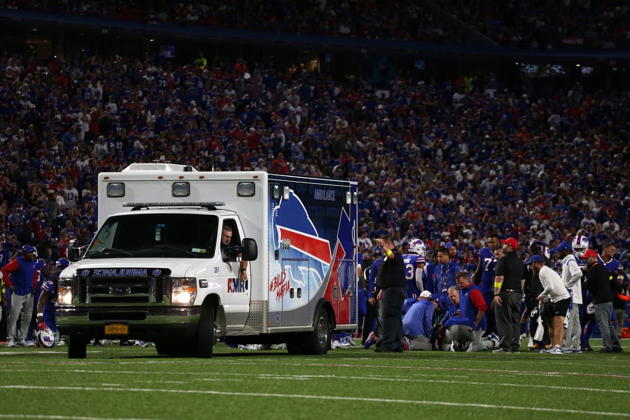 ORCHARD PARK, NEW YORK - SEPTEMBER 19: An ambulance is seen on field after Dane Jackson #30 of the Buffalo Bills was injured in a play against the Tennessee Titans during the second quarter of the game at Highmark Stadium on September 19, 2022 in Orchard Park, New York. (Photo by Joshua Bessex/Getty Images)