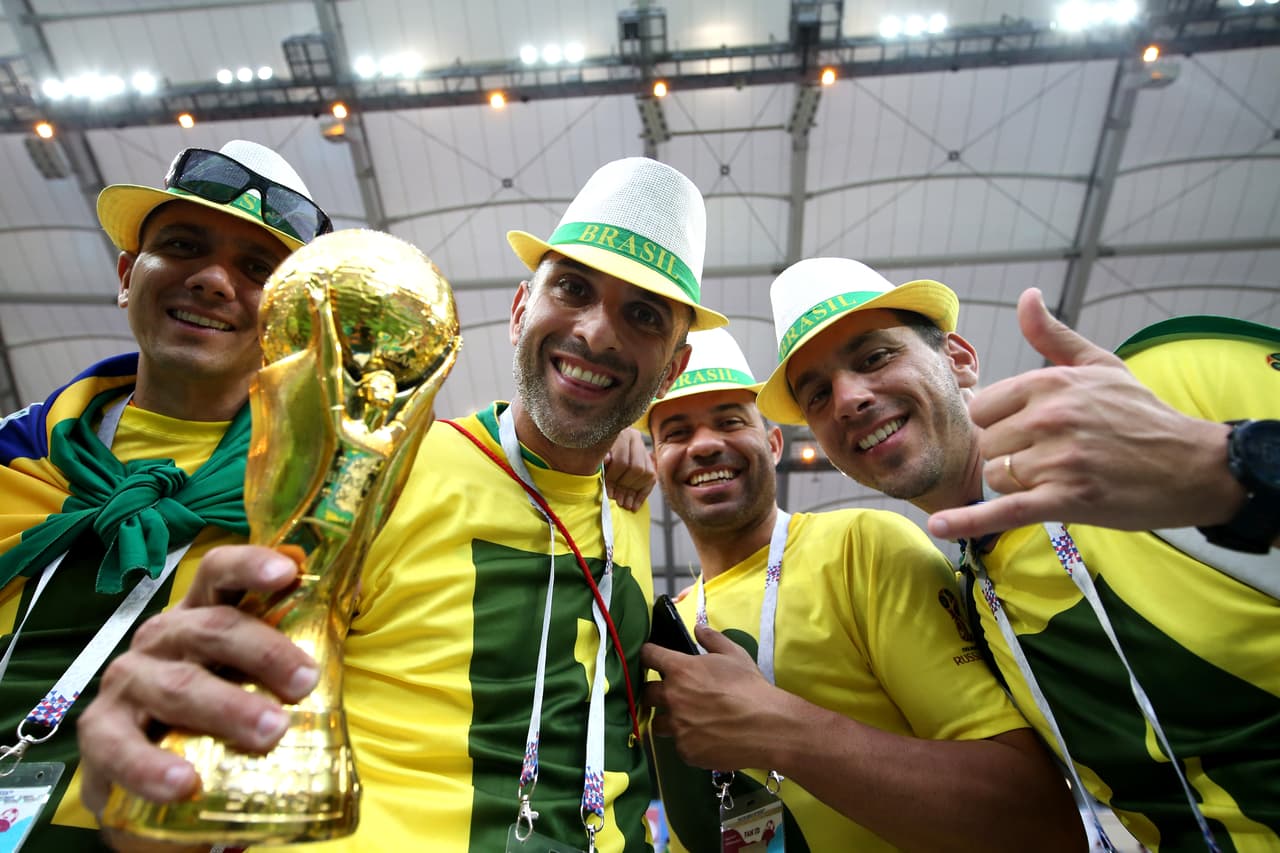 ROSTOV-ON-DON, RUSSIA - JUNE 17: Brazil fans enjoy the pre match atmosphere prior to the 2018 FIFA World Cup Russia group E match between Brazil and Switzerland at Rostov Arena on June 17, 2018 in Rostov-on-Don, Russia. (Photo by Buda Mendes/Getty Images)