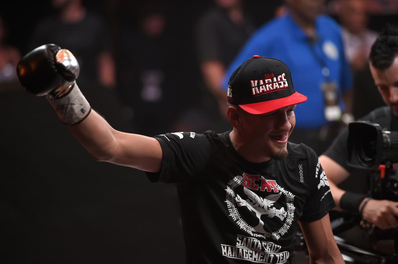 LAS VEGAS, NV - APRIL 04: Jesus Soto Karass celebrates after his bout against Ed Paredes (not picturedo) during BKB 2, Big Knockout Boxing, at the Mandalay Bay Events Center on April 4, 2015 in Las Vegas, Nevada. (Photo by Scott McDermott/Getty Images for DIRECTV)