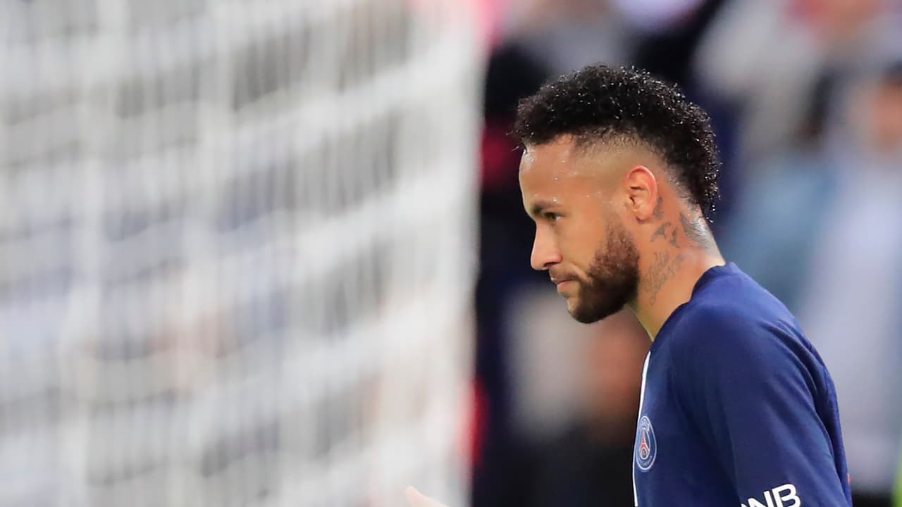 PSG's Neymar walks on the field during French League One soccer match between PSG and Angers at the Parc des Princes stadium in Paris, Saturday, Oct. 5, 2019. (AP Photo/Michel Euler)