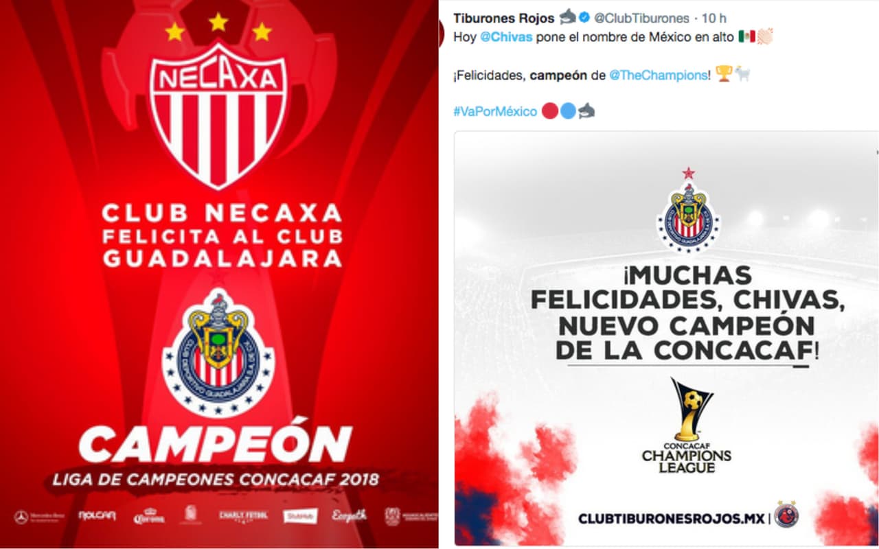 Equipos de México, algunos con los que compite en Liga MX, no dudaron en tener un gesto deportivo y felicitar a su rival, a Chivas campeón de Liga de Campeones de Concacaf.